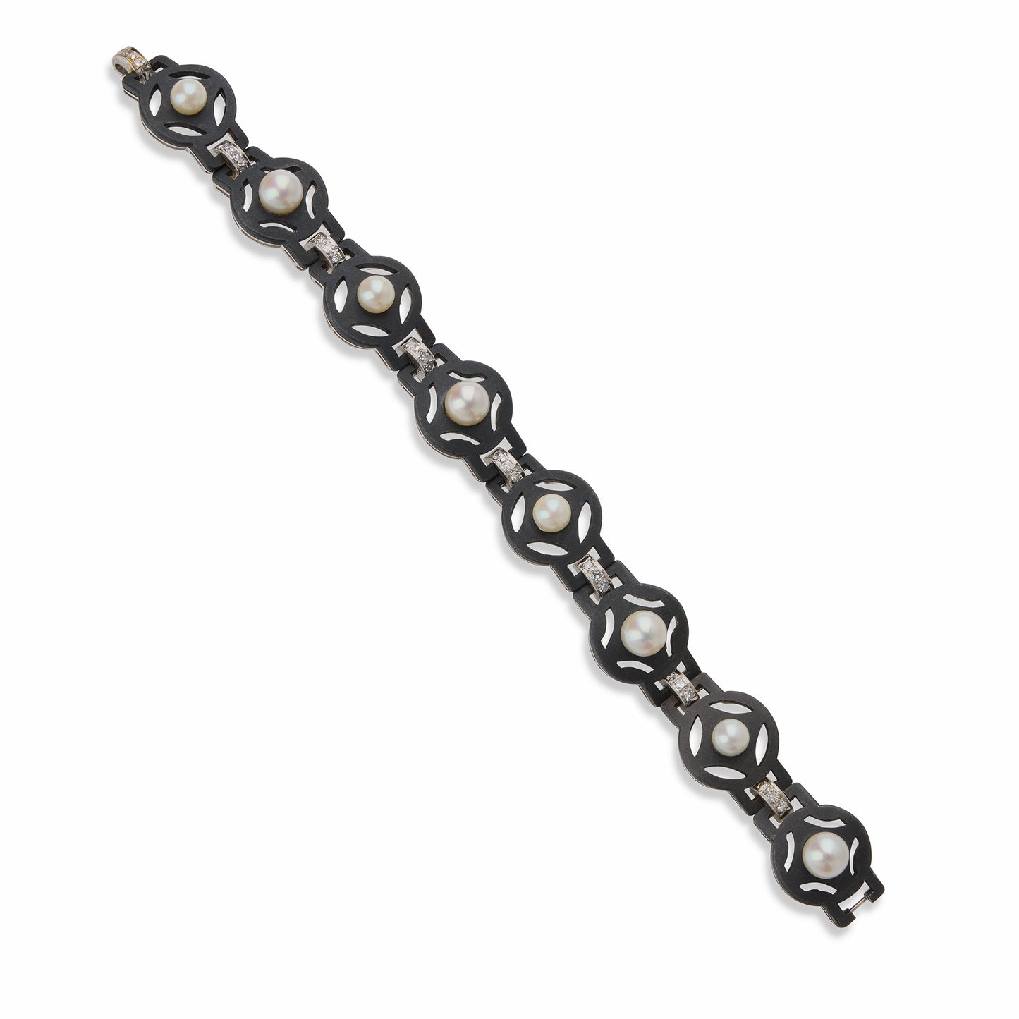 Macklowe Gallery G.T. Marsh & Co. Blackened Steel, Diamond and Cultured Pearl Bracelet