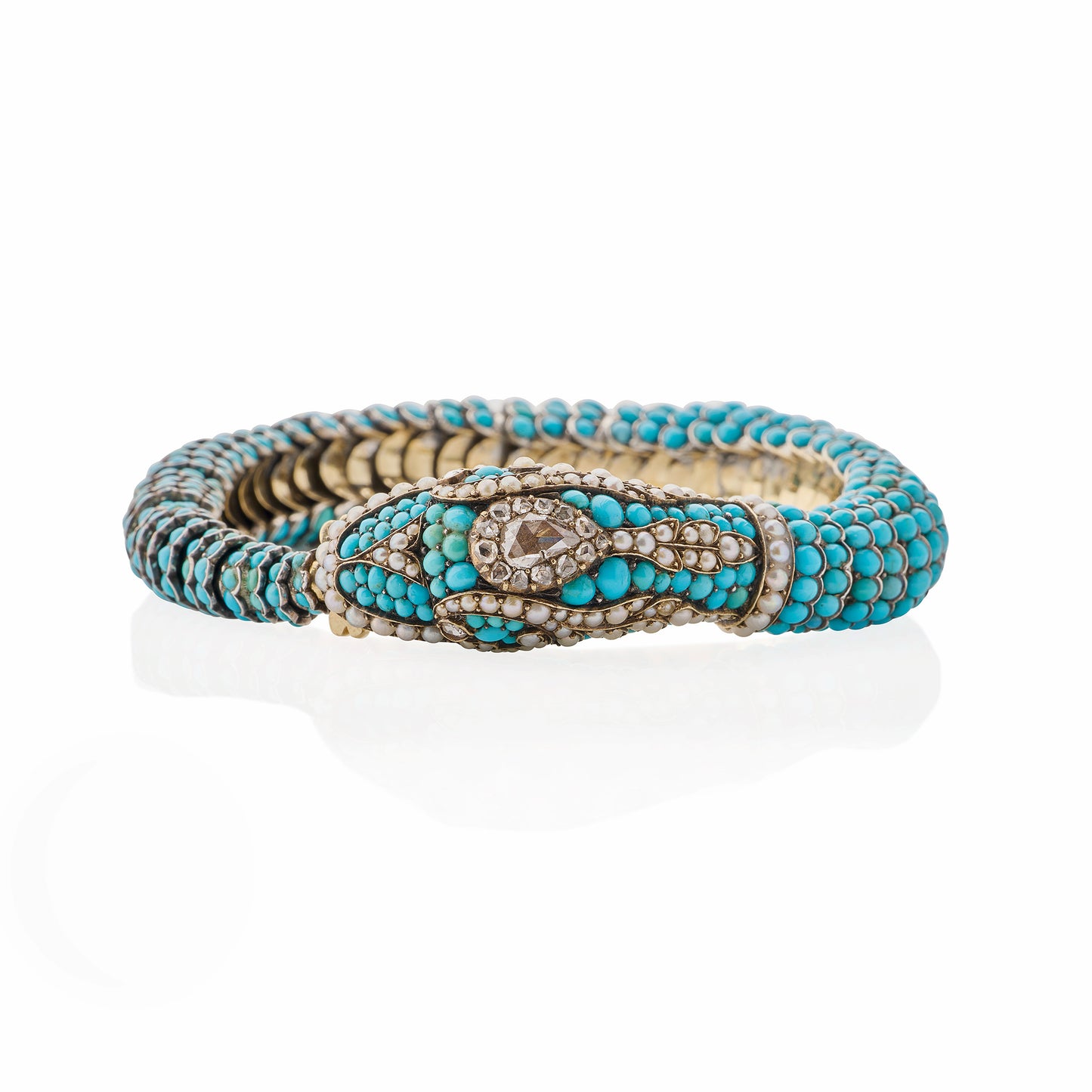 Macklowe Gallery Antique Turquoise, Diamond and Pearl Snake Bracelet