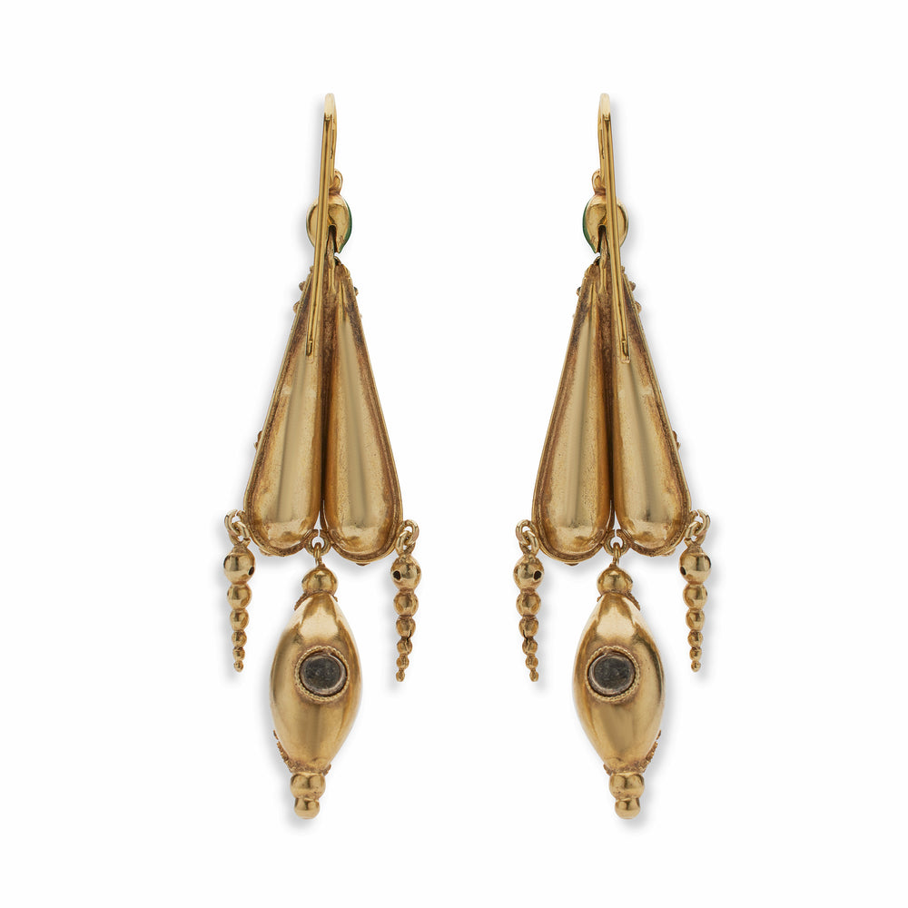 
                      
                        Macklowe Gallery English 15k Gold Amethyst and Green Chrysoberyl Pendant Earrings
                      
                    