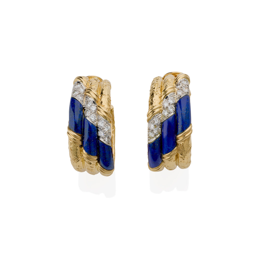 Macklowe Gallery Van Cleef & Arpels Mid-century Lapis and Diamond Hoop Earrings