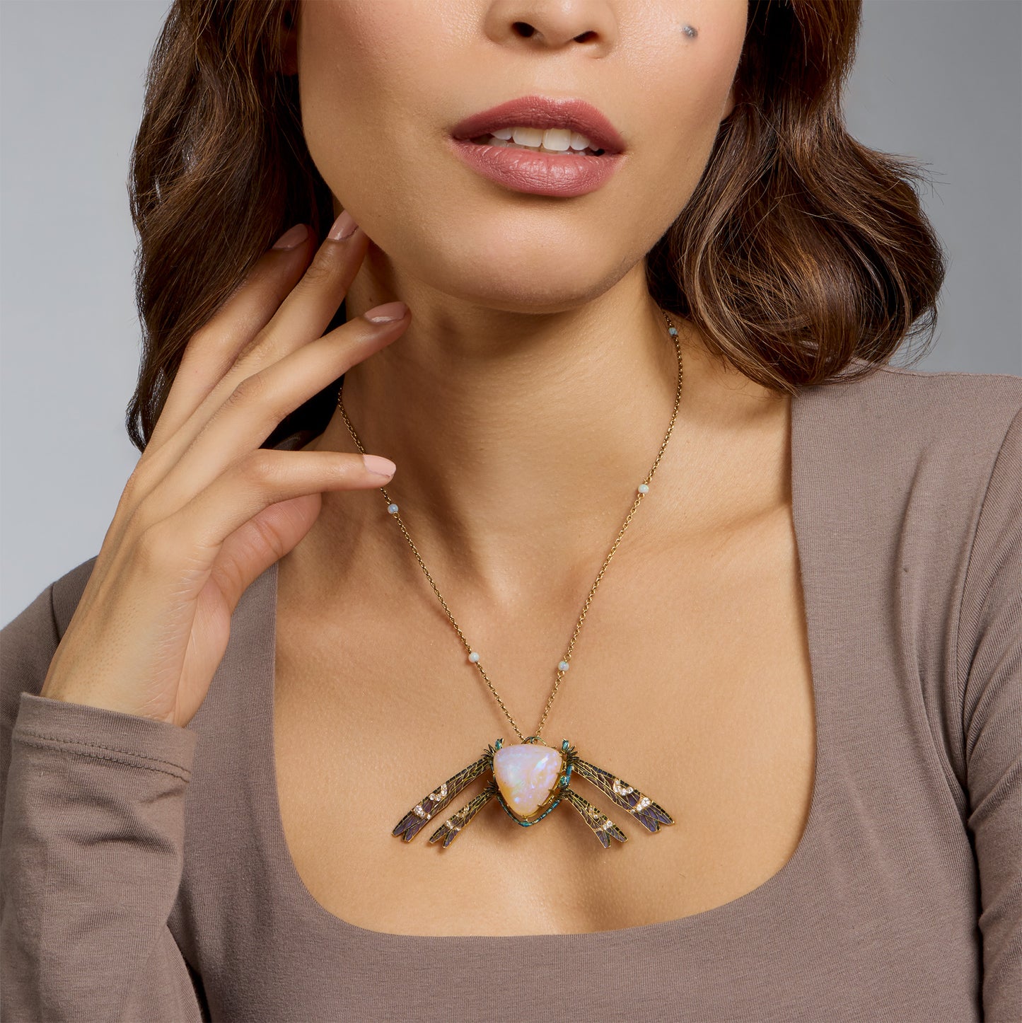 Macklowe Gallery René Lalique Art Nouveau Plique-à-jour Enamel, Fire Opal and Diamond Damselfly "Demoiselles" Pendant 