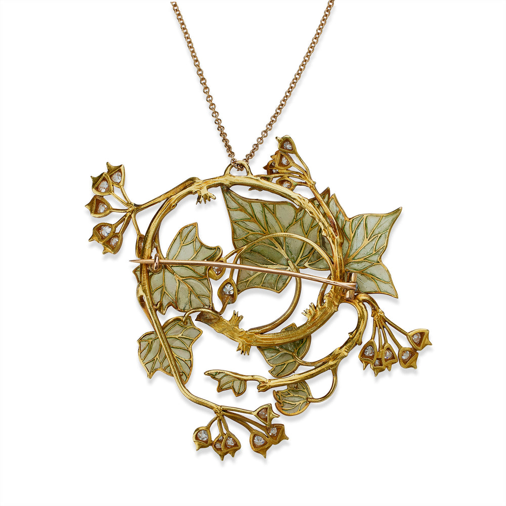 
                      
                        Macklowe Gallery René Lalique Art Nouveau Plique-à-Jour Enamel and Diamond "Lierre" Ivy Pendant Brooch/Necklace
                      
                    