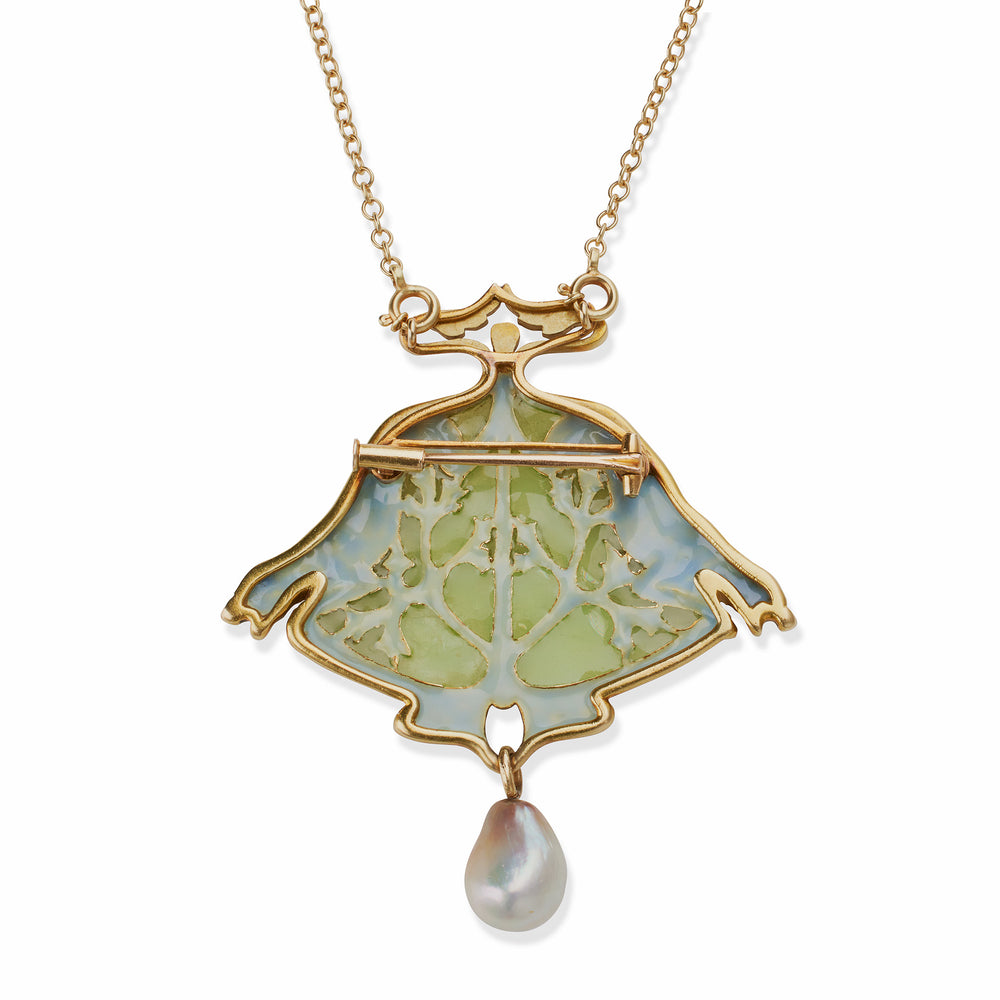 
                      
                        Macklowe Gallery René Lalique Plique-à-jour Enamel and Natural Pearl Breton Lion and Seaweed Pendant Brooch
                      
                    