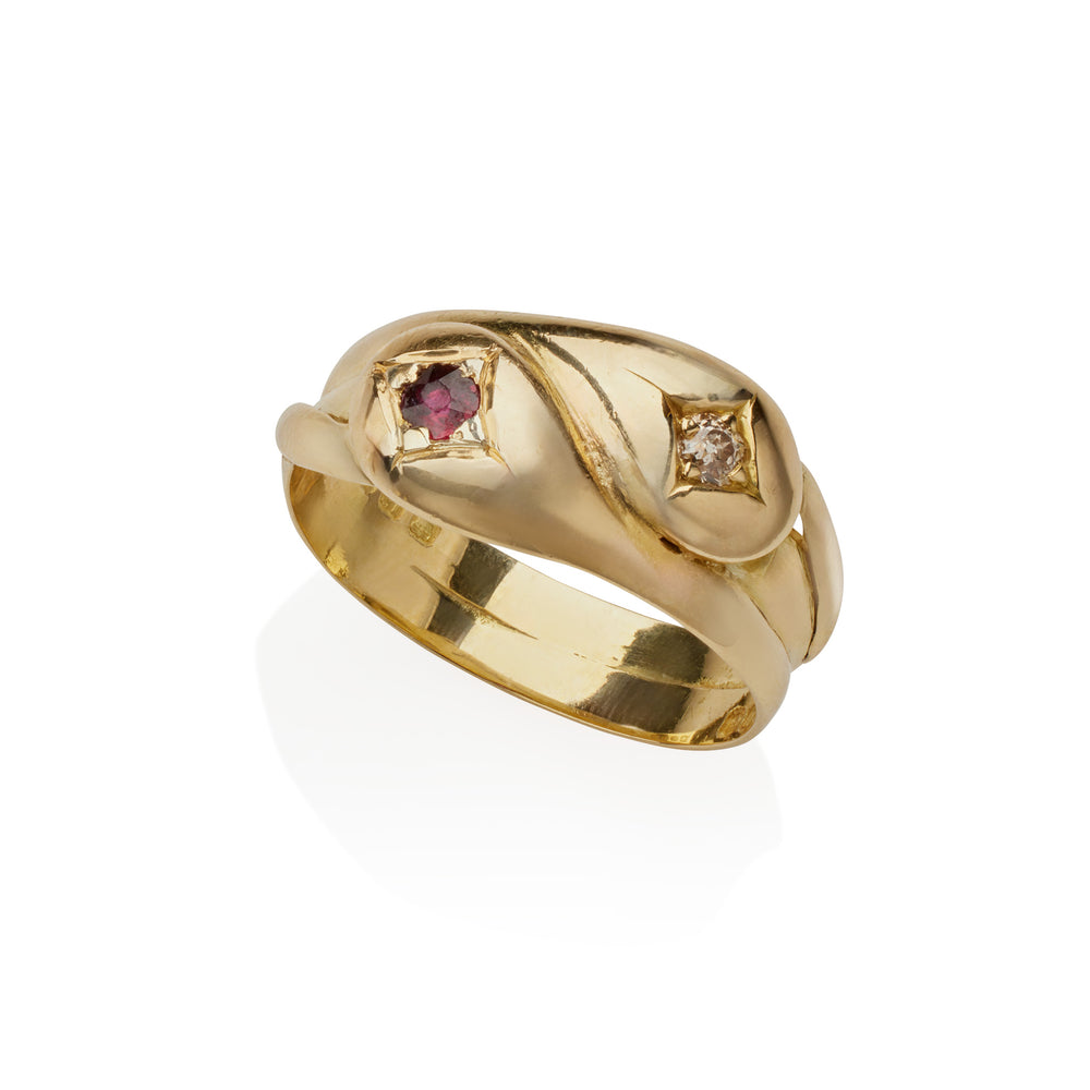
                      
                        Macklowe Gallery Antique English 18K Gold, Diamond and Ruby Double Snake Ring
                      
                    