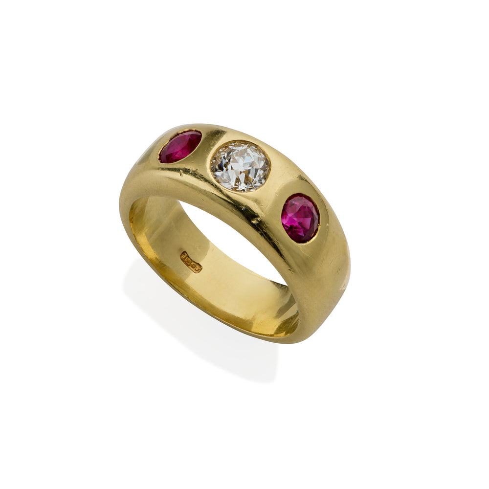 
                      
                        Macklowe Gallery Pair of Victorian Three Stone Diamond, Ruby and Sapphire Rings
                      
                    
