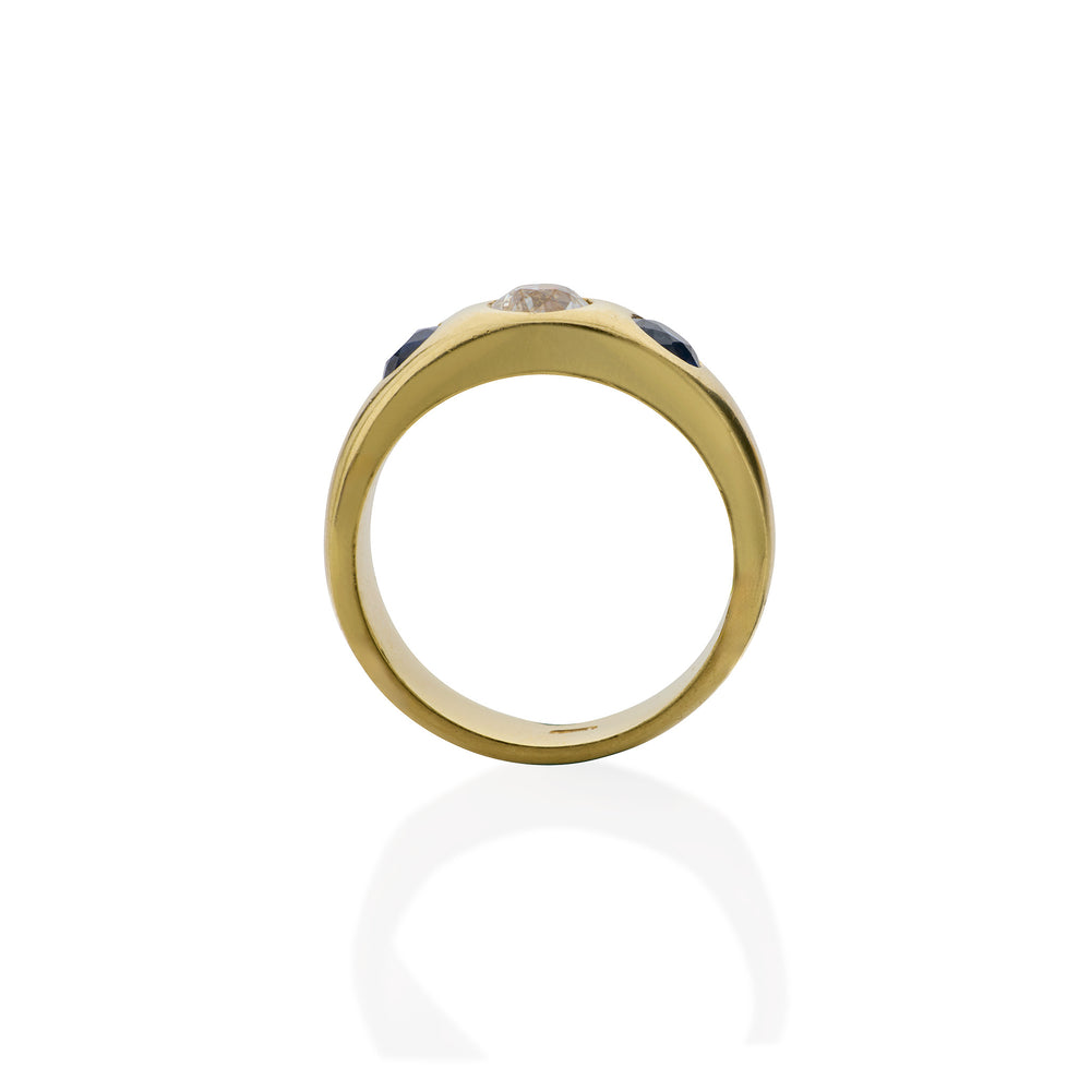 Macklowe Gallery Pair of Victorian Three Stone Diamond, Ruby and Sapphire Rings