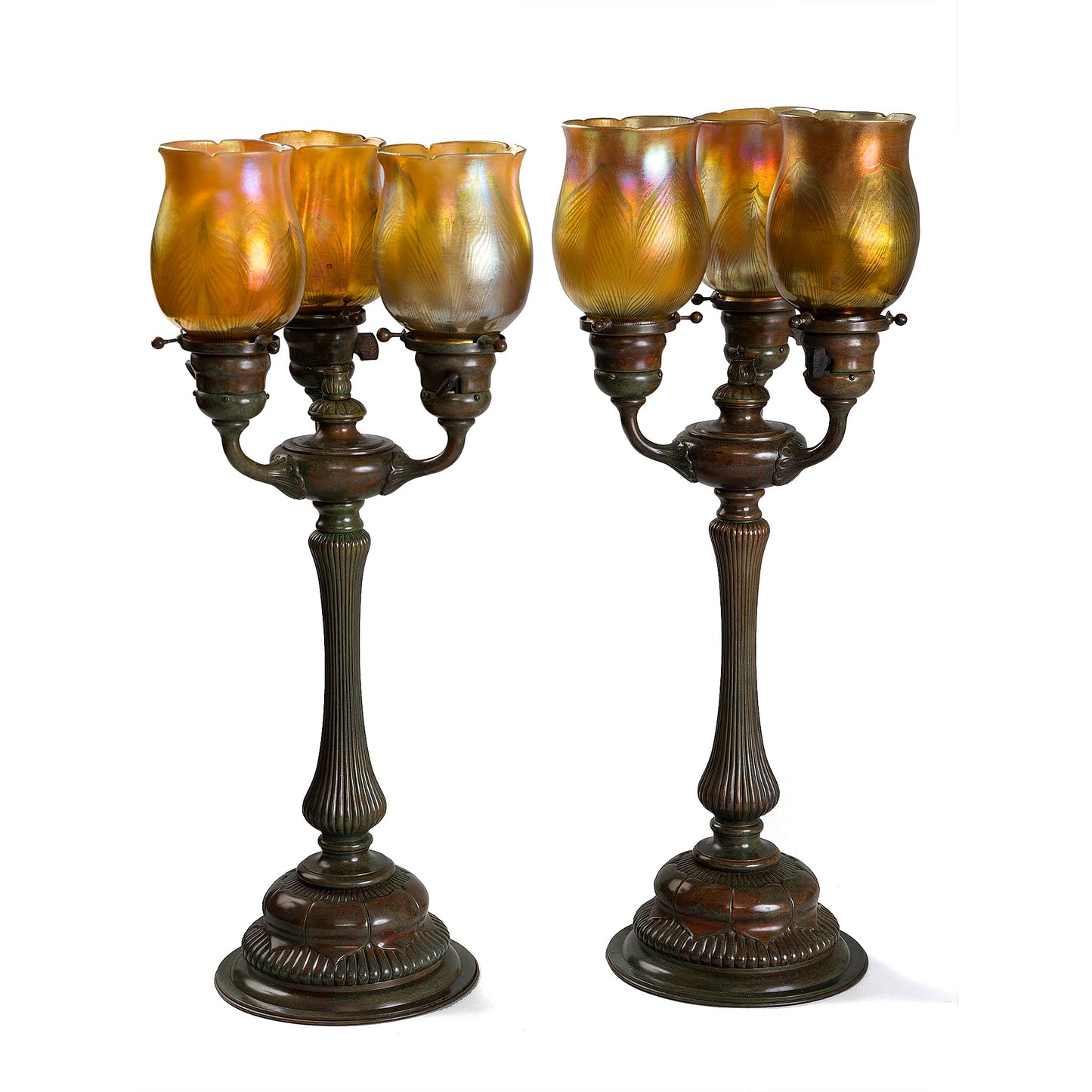 Macklowe Gallery Tiffany Studios New York Pair of Three Light Table lamps