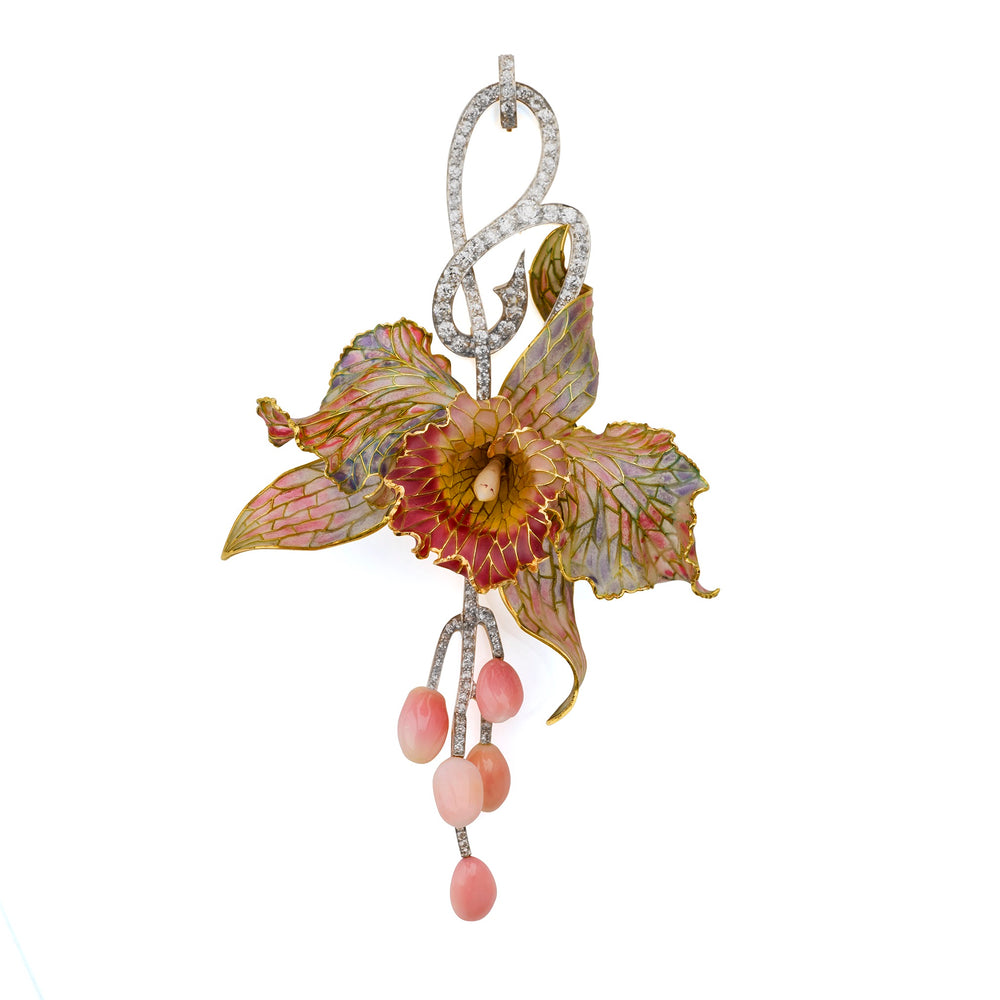 Macklowe Gallery Marcus & Co. Art Nouveau Enamel Orchid Pendant 