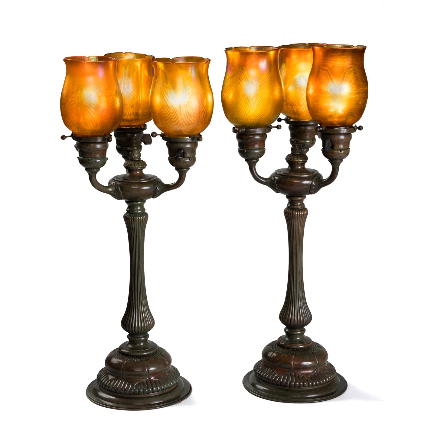 Macklowe Gallery Tiffany Studios New York Pair of Three Light Table lamps