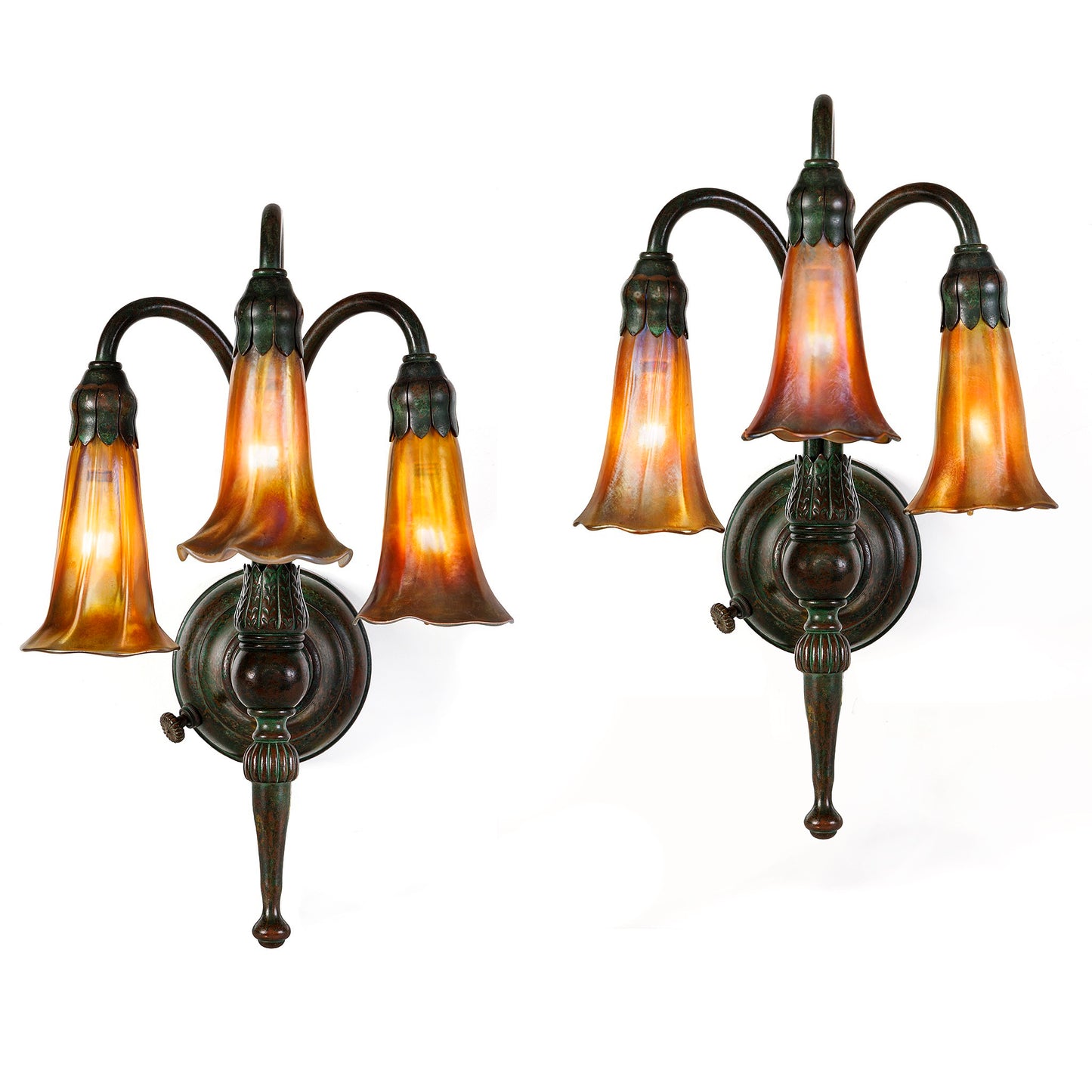 Macklowe Gallery Tiffany Studios New York Pair of "Three-Light Lily" Sconces. 