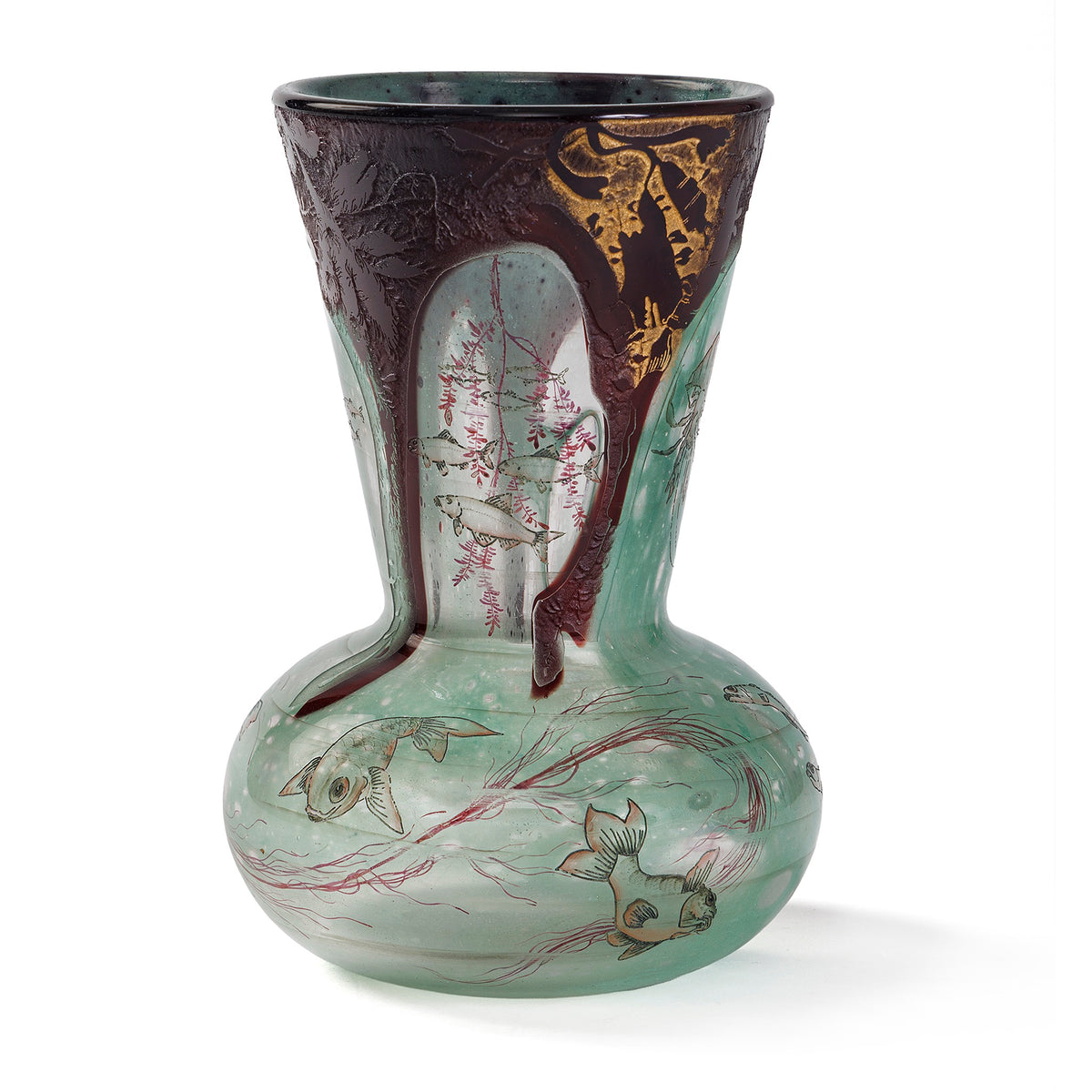Macklowe Gallery Daum Nancy "Algues et Poissons" Enamel and Cameo Glass Vase
