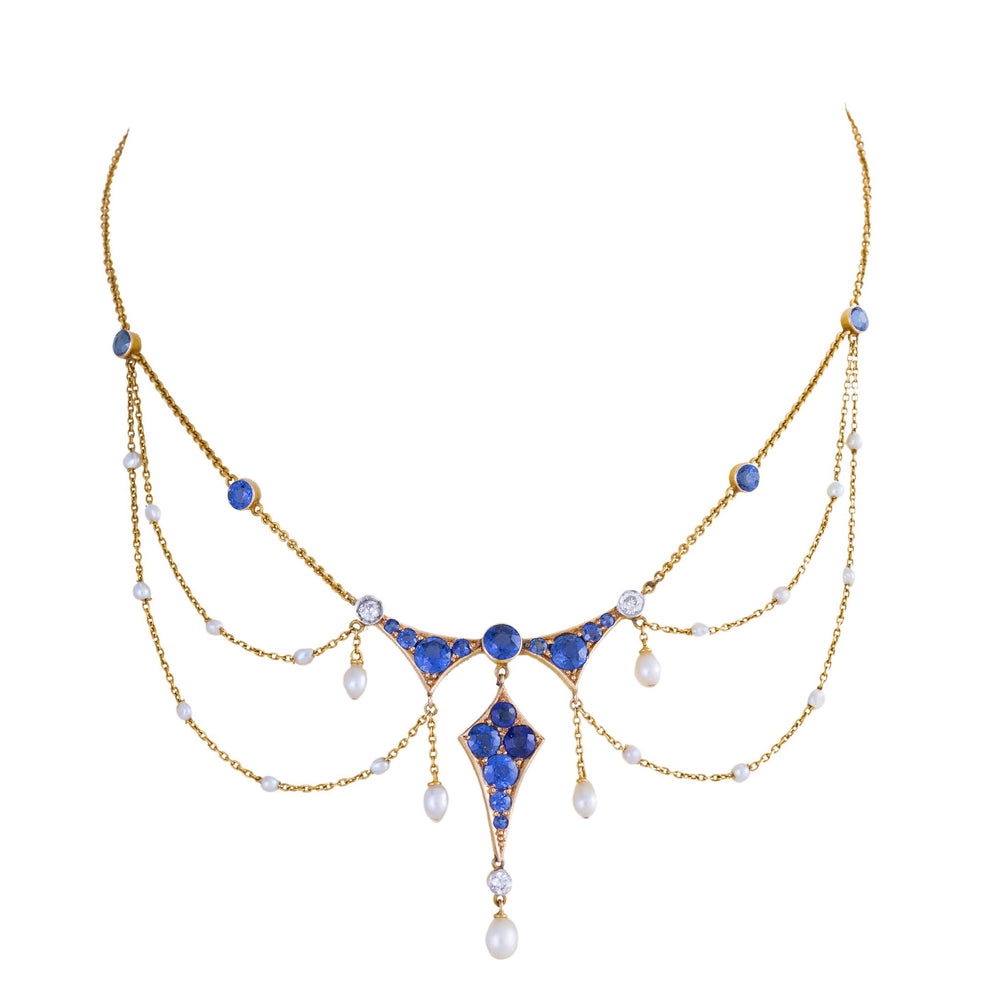 
                      
                        Macklowe Gallery Montana Sapphire, Seed Pearl and Diamond Garland Necklace
                      
                    