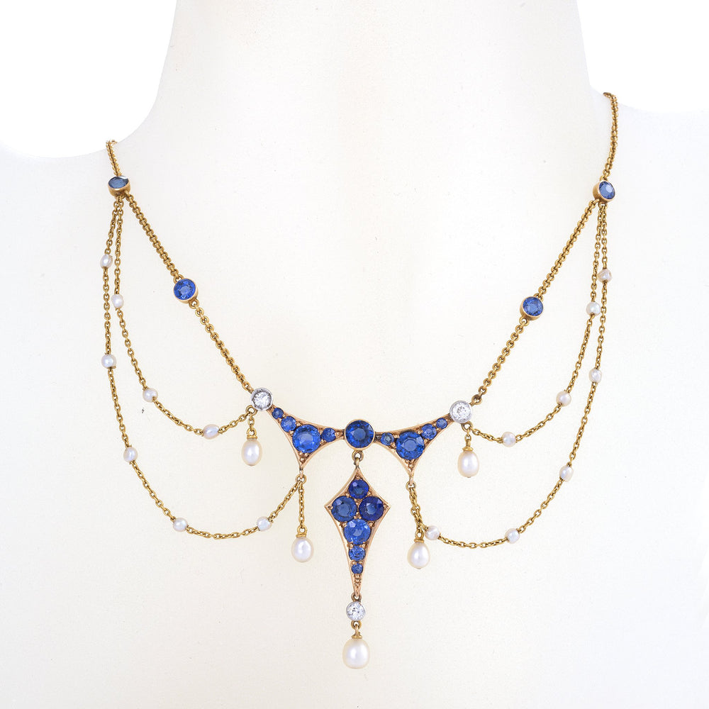 
                      
                        Macklowe Gallery Montana Sapphire, Seed Pearl and Diamond Garland Necklace
                      
                    